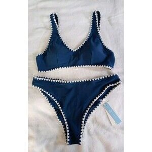 Cupshe Teal Blue Bikini Set White Embroidered Edge 2 Piece Set Size L NWT